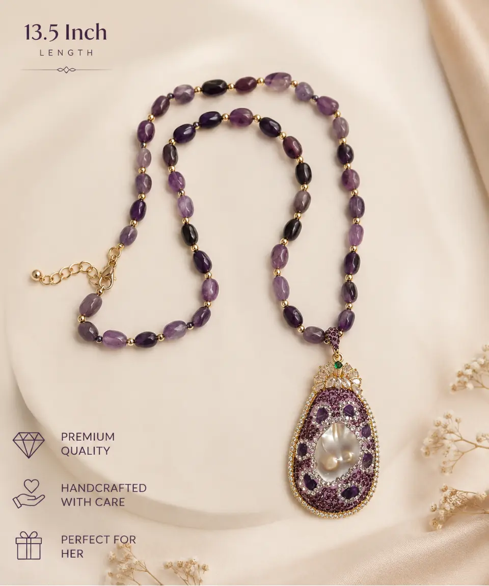 Premium Amethyst Druzy Baroque Pearl Statement Pendant Necklace - Image 2
