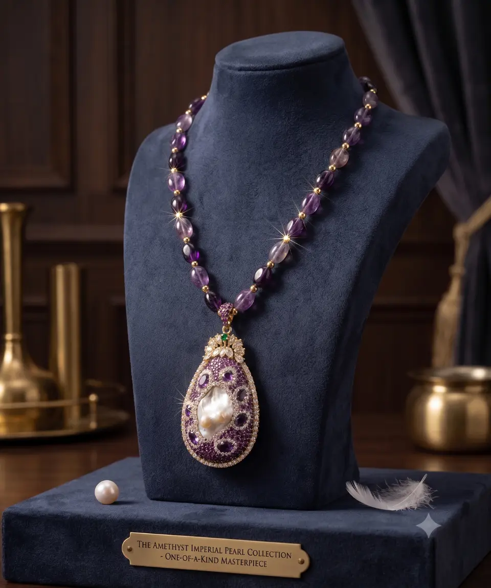 Premium Amethyst Druzy Baroque Pearl Statement Pendant Necklace - Image 3