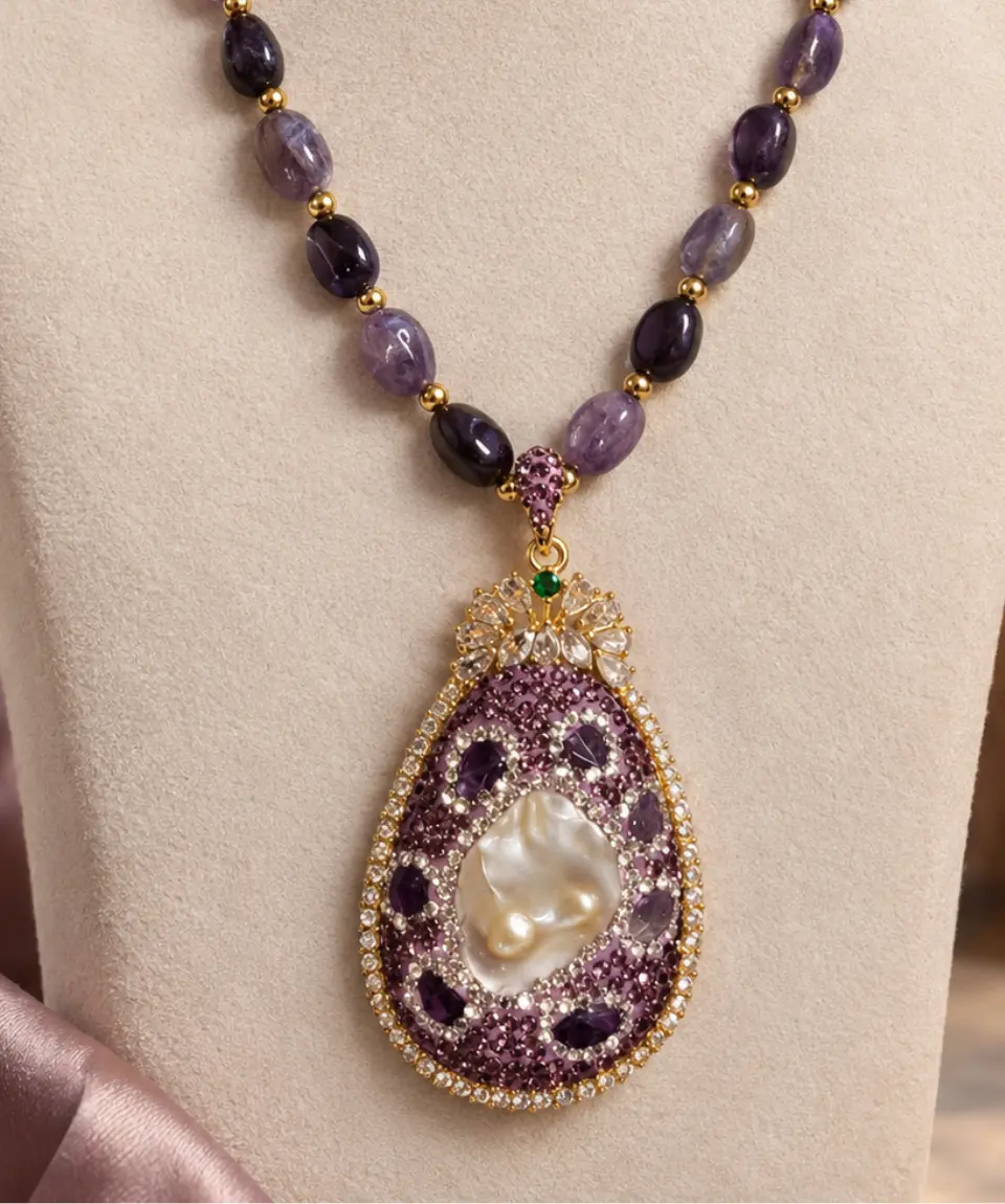 Premium Amethyst Druzy Baroque Pearl Statement Pendant Necklace