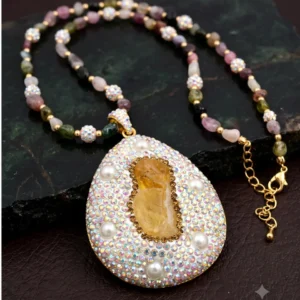 Aurora Crystal Teardrop Statement Necklace – Natural Stone Edition