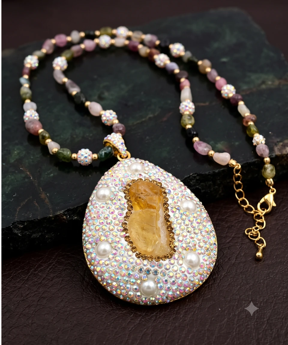 Aurora Crystal Teardrop Statement Necklace â Natural Stone Edition