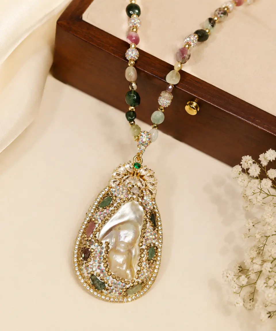Premium Druzy Baroque Pearl Statement Pendant Necklace