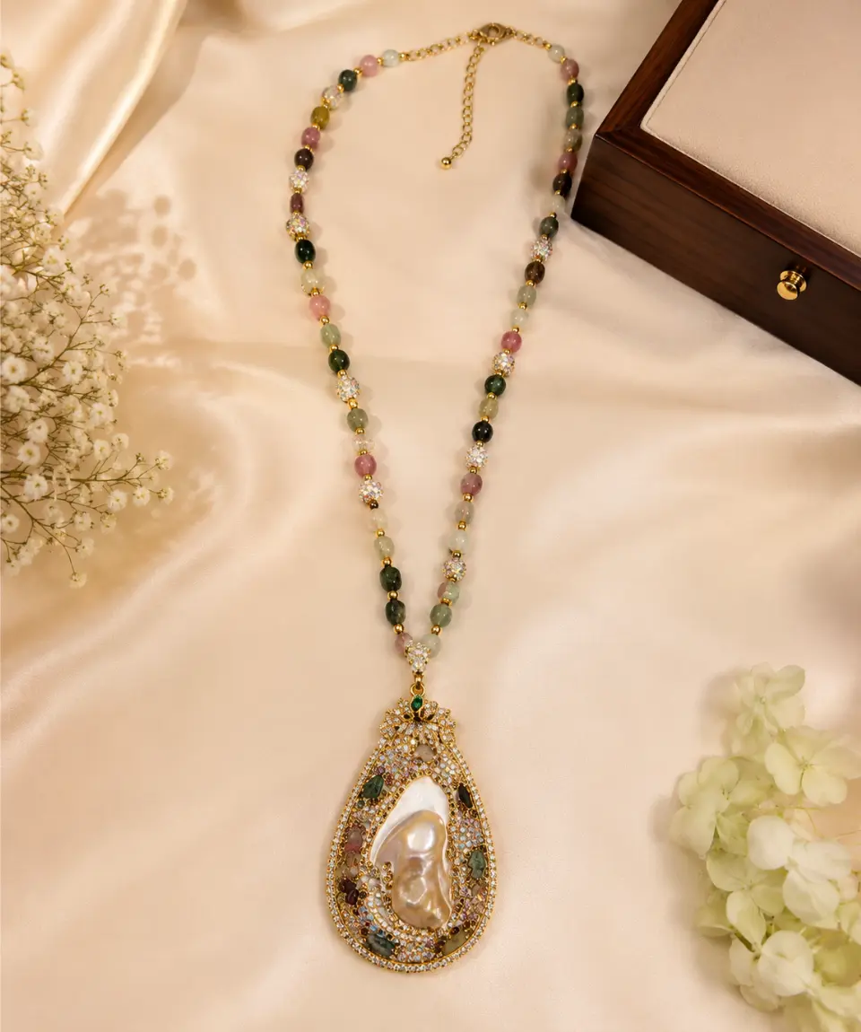 Premium Druzy Baroque Pearl Statement Pendant Necklace - Image 2