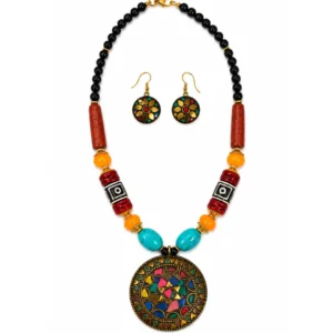 Premium Imported Indian Mosaic Pendant Beads Necklace Set with Matching Earrings