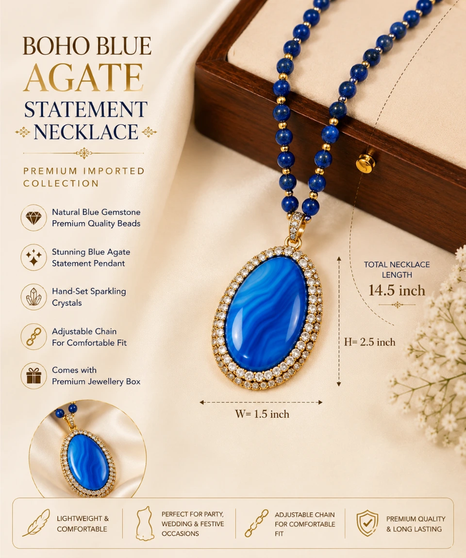Premium Boho Blue Agate Statement Pendant Necklace â Handcrafted Natural Gemstone - Image 4