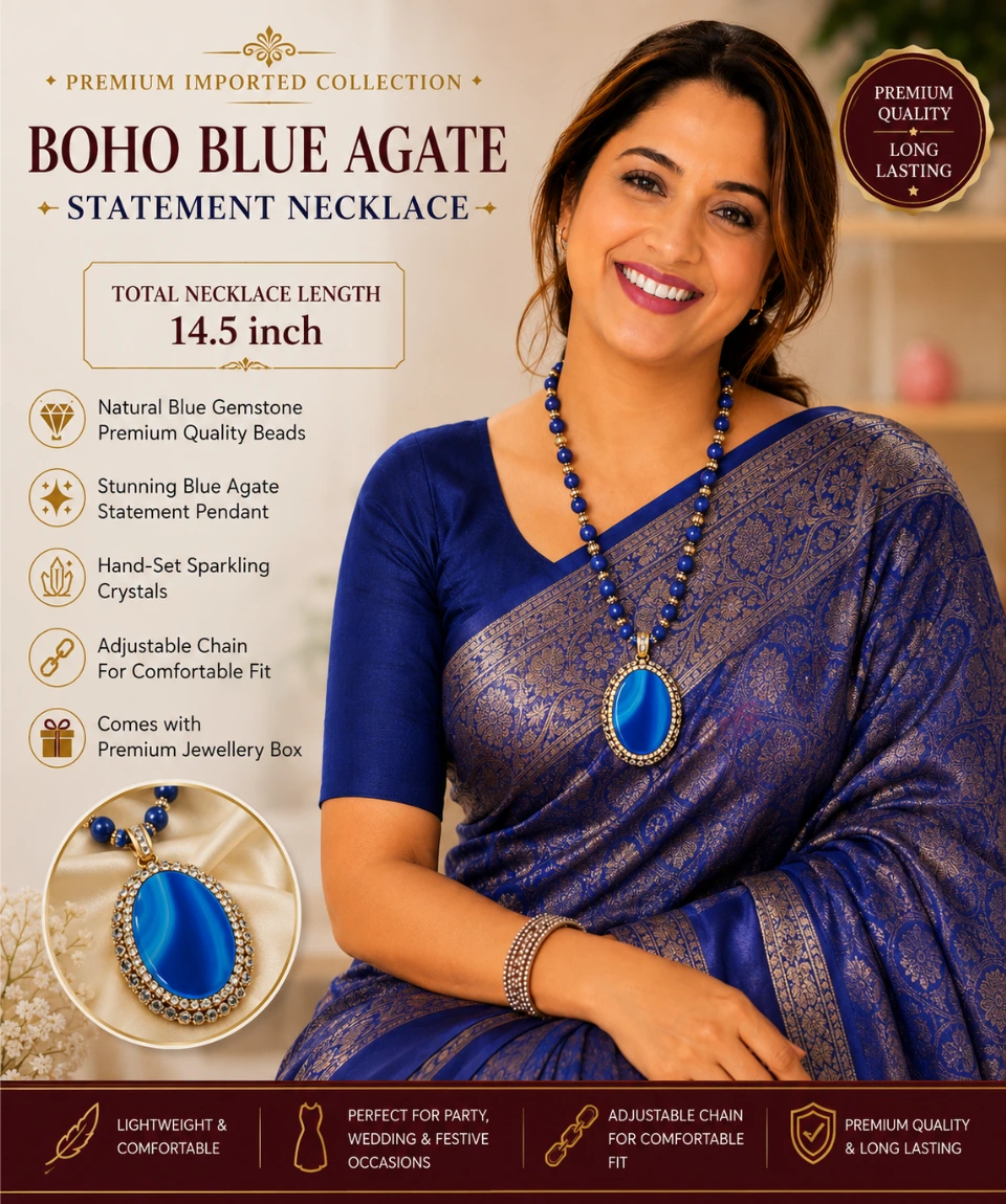 Premium Boho Blue Agate Statement Pendant Necklace â Handcrafted Natural Gemstone - Image 3