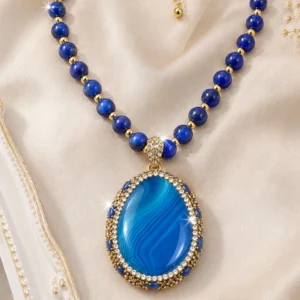 Premium Boho Blue Agate Statement Pendant Necklace – Handcrafted Natural Gemstone