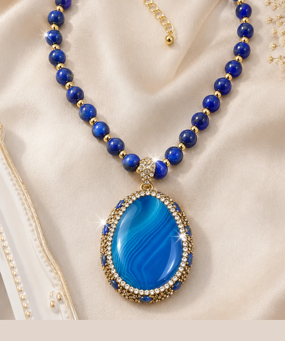 Premium Boho Blue Agate Statement Pendant Necklace â Handcrafted Natural Gemstone