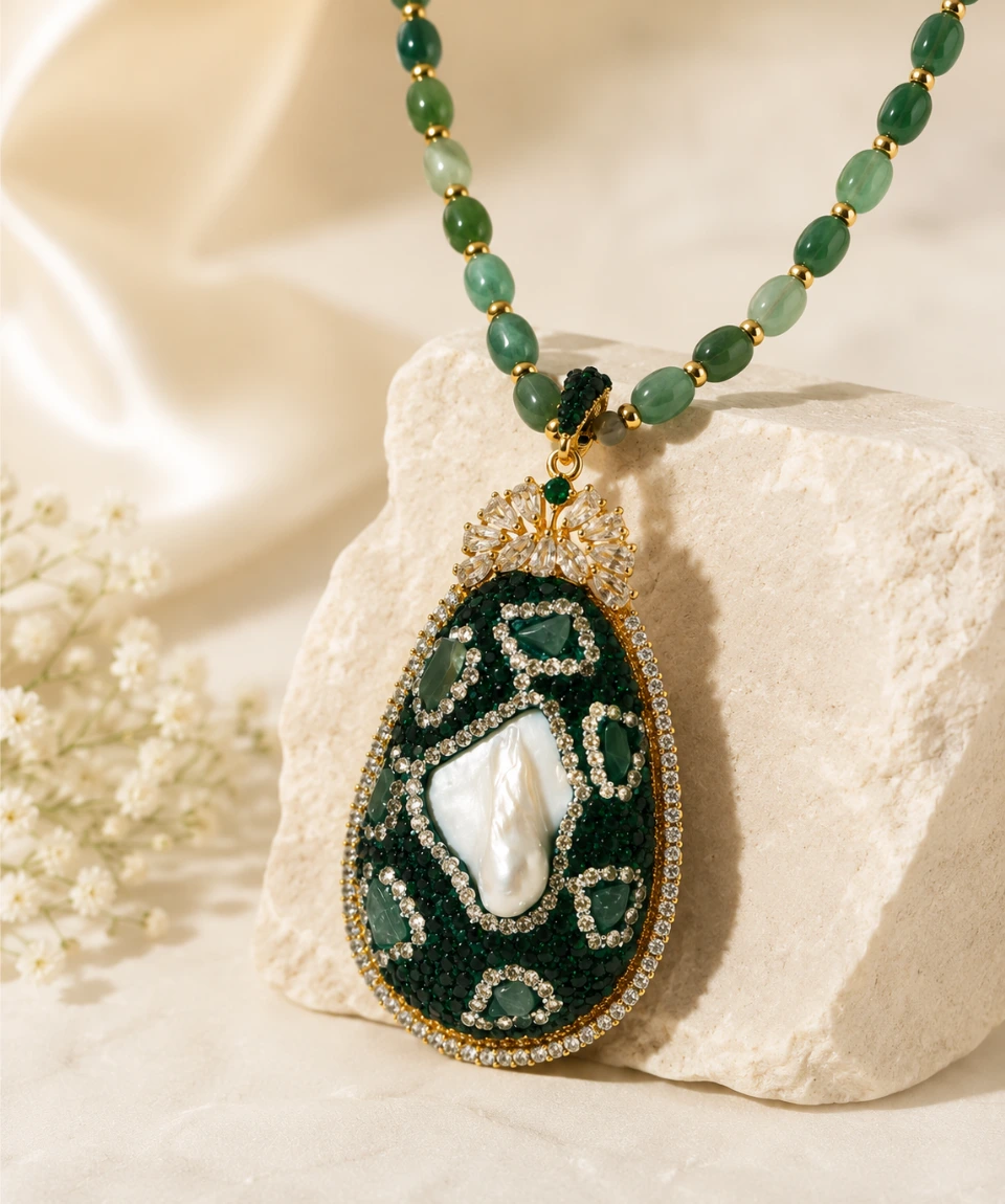 Premium Emerald Druzy Baroque Pearl Statement Pendant Necklace