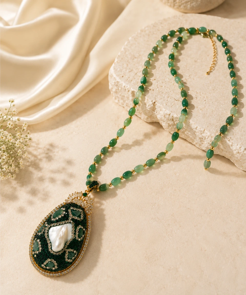 Premium Emerald Druzy Baroque Pearl Statement Pendant Necklace - Image 2