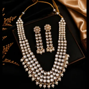 Premium Jaipur Mirror Kundan Pearl Cascade Necklace Set