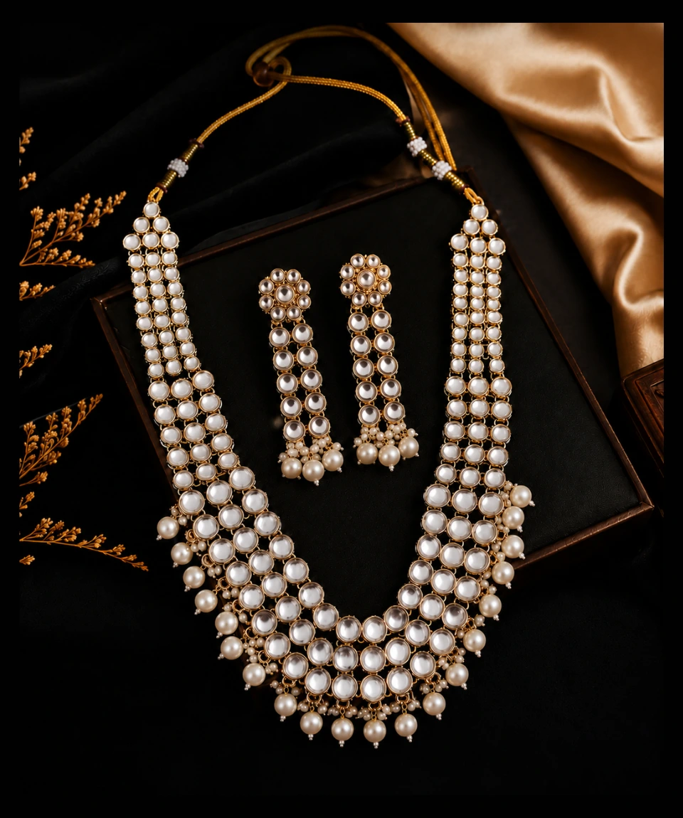 Premium Jaipur Mirror Kundan Pearl Cascade Necklace Set