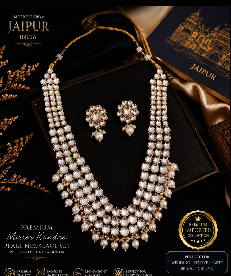 Premium Jaipur Mirror Kundan Pearl Cascade Necklace Set - Image 2