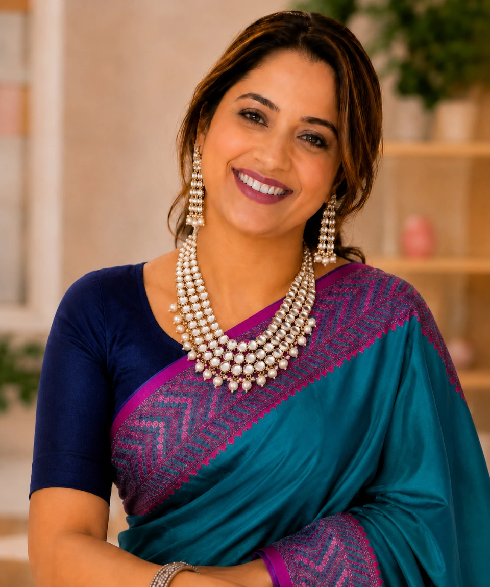 Premium Jaipur Mirror Kundan Pearl Cascade Necklace Set - Image 3