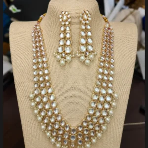 Premium Jaipur Mirror Kundan Pearl Cascade Necklace Set