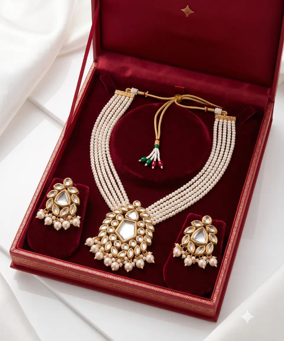 Royal Imported Indian Kundan 5-Layer Beaded Necklace Set - Image 2