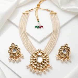Royal Imported Indian Kundan 5-Layer Beaded Necklace Set with Matching Earrings - Premium Gold Tone Traditional Jewellery