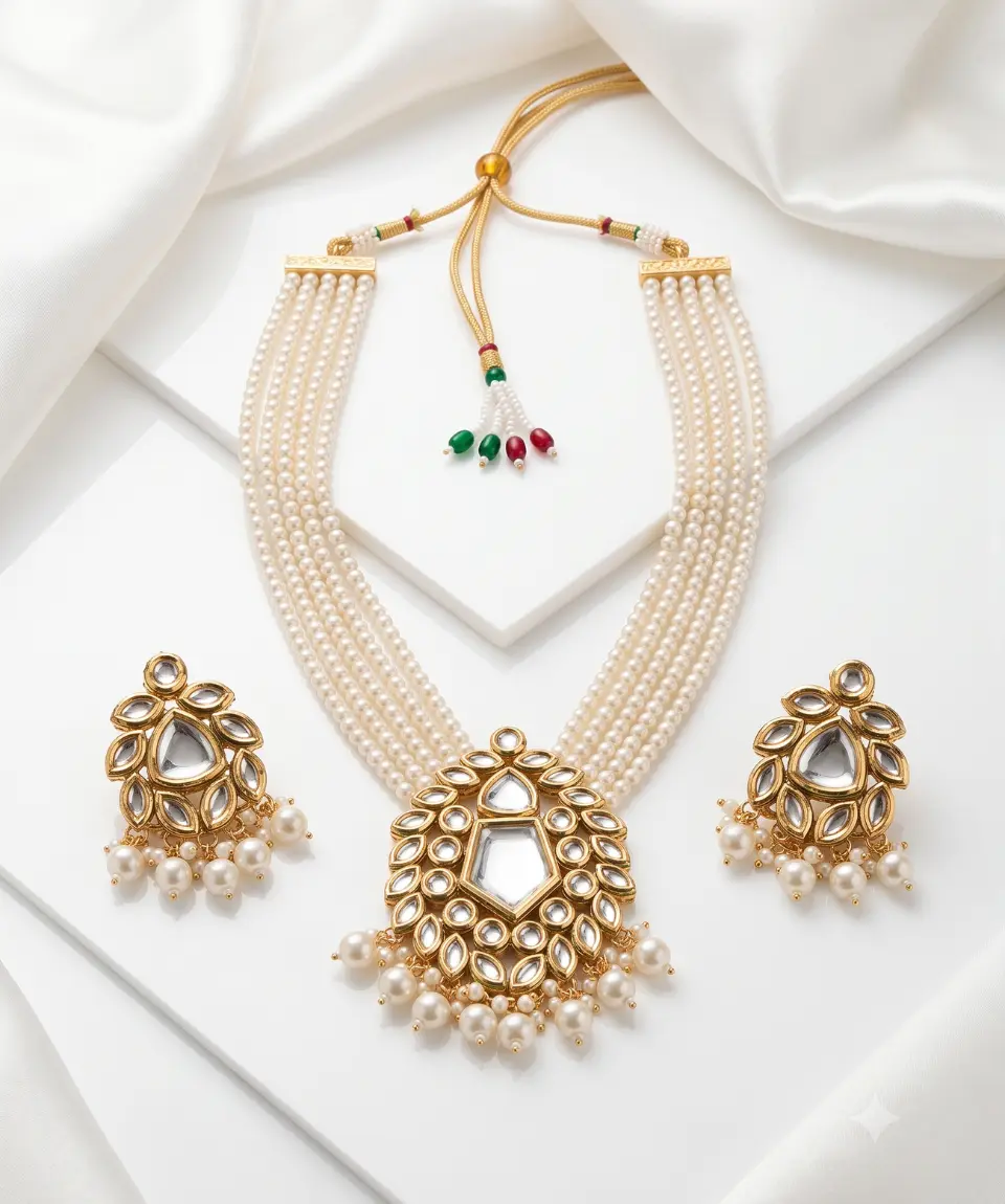 Royal Imported Indian Kundan 5-Layer Beaded Necklace Set with Matching Earrings - Premium Gold Tone Traditional Jewellery