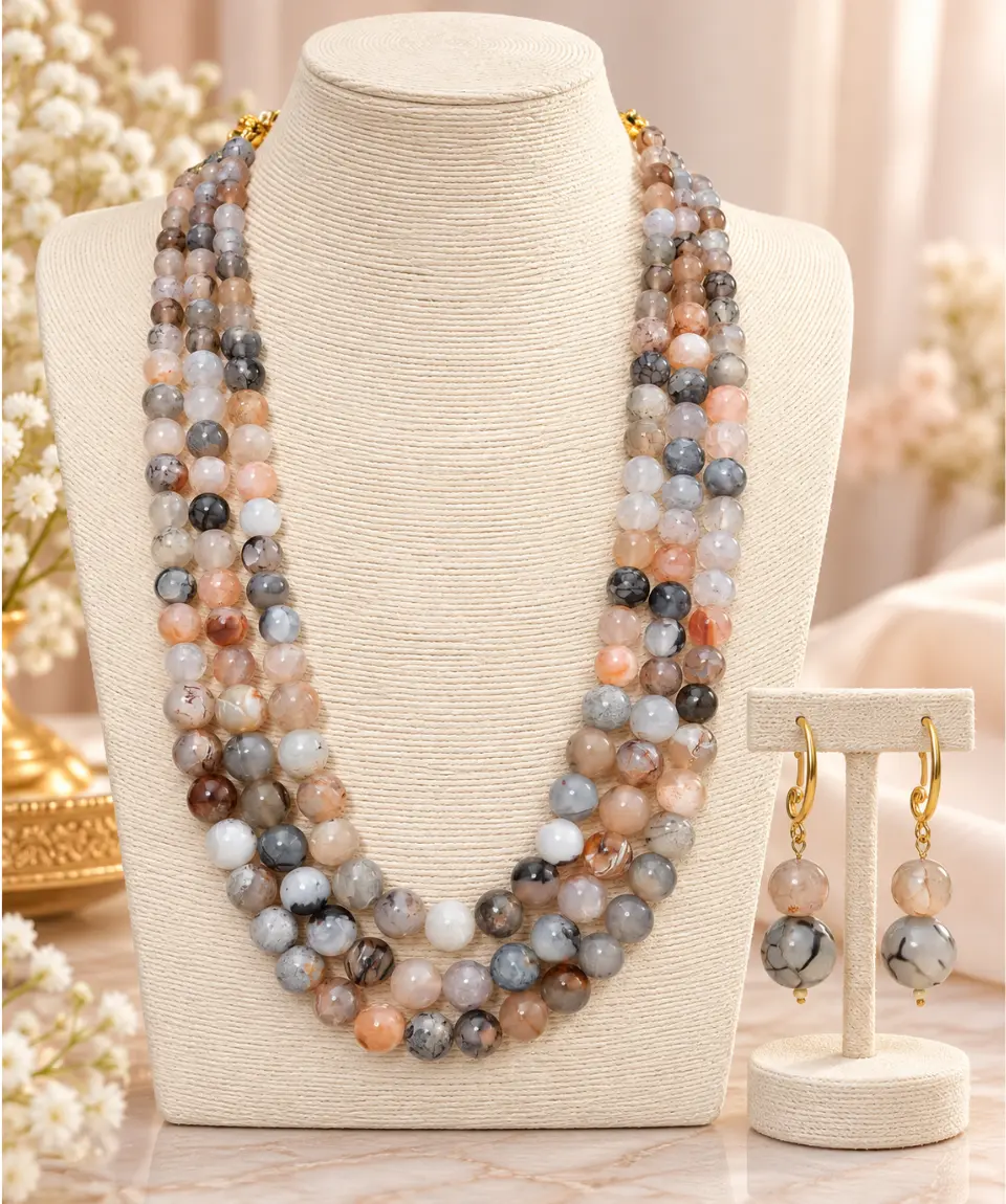 Imperial Imported Genuine Marble Stone 3-Layer Necklace Set