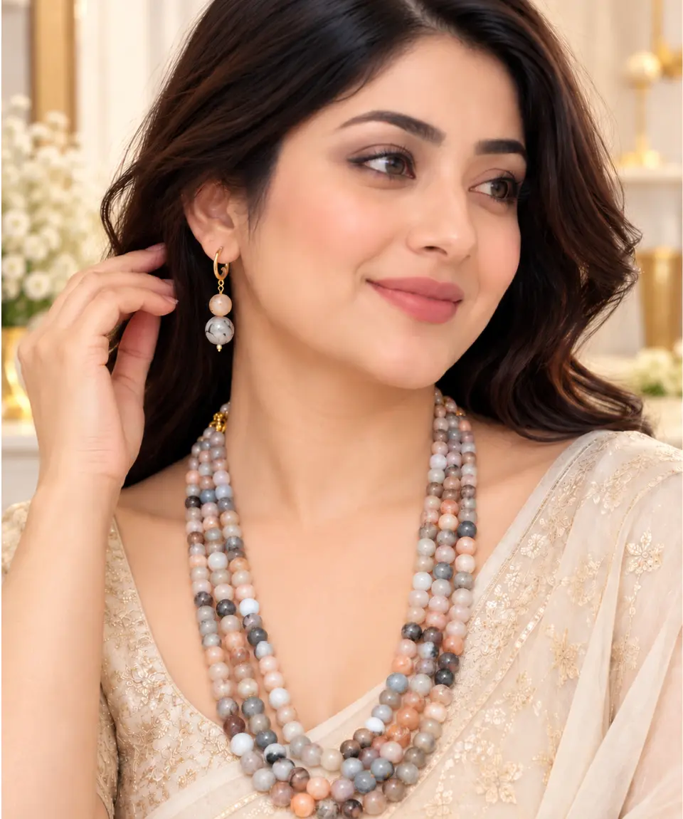 Imperial Imported Genuine Marble Stone 3-Layer Necklace Set - Image 2