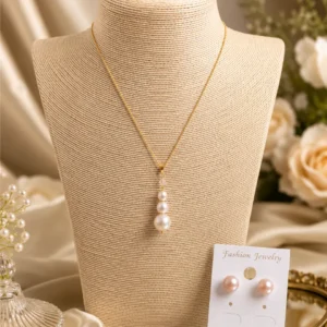 Imported Pearl 3-Pearl Pendant Necklace with Matching Ear Tops