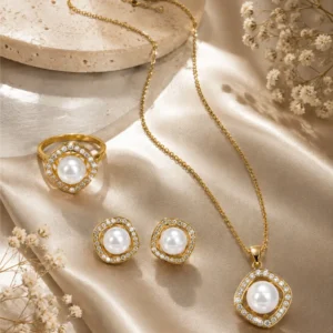 Imported Real Pearl Elegant 4-Piece Jewelry Set – 18.5″ Necklace, Earrings & Ring
