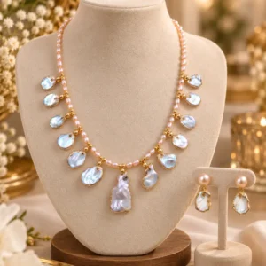 Imported Real Rice Pearl & Mother-of-Pearl Necklace with Matching Earrings