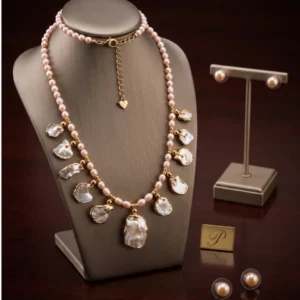 Imported Real Rice Pearl & Mother-of-Pearl Necklace with Matching Earrings