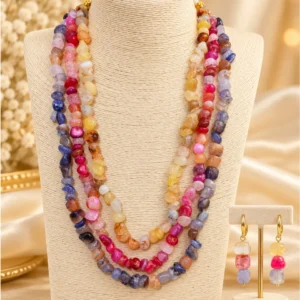 Real Imported Natural Multicolor Stone 3-Layer Necklace & Earring Set