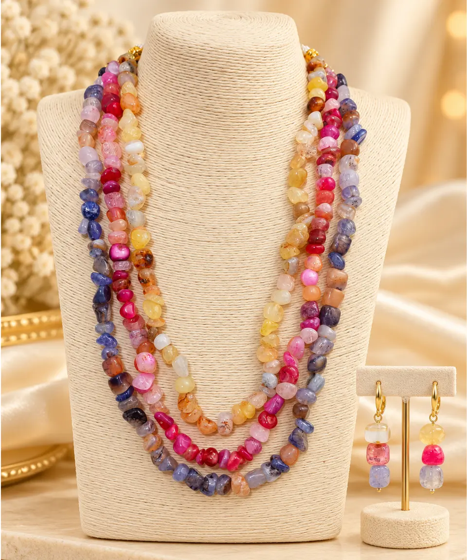Real Imported Natural Multicolor Stone 3-Layer Necklace & Earring Set