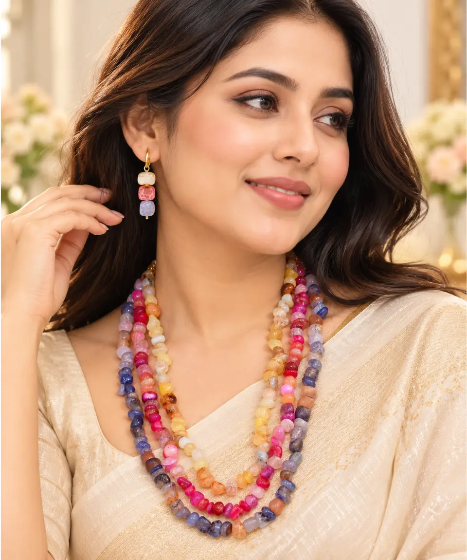 Real Imported Natural Multicolor Stone 3-Layer Necklace & Earring Set - Image 2