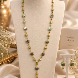 Premium Golden Olive Pearl & Mother of Pearl Long Mala Set – Approx. 34-Inch Long Mala with Matching Earrings