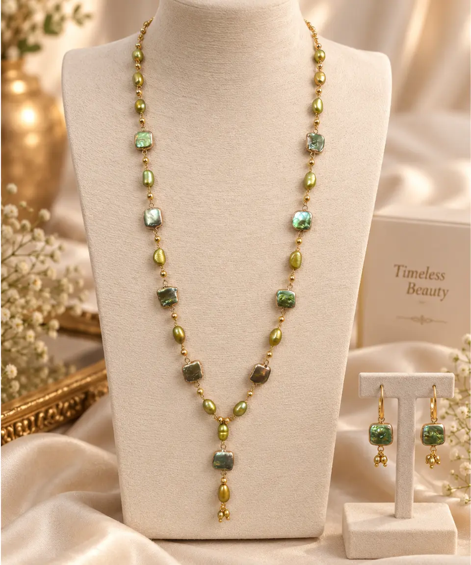 Premium Golden Olive Pearl & Mother of Pearl Long Mala Set â Approx. 34-Inch Long Mala with Matching Earrings