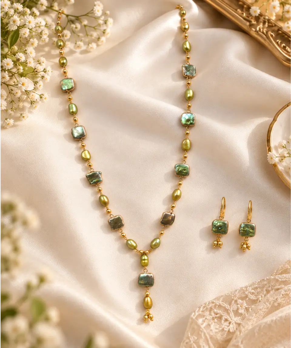 Premium Golden Olive Pearl & Mother of Pearl Long Mala Set â Approx. 34-Inch Long Mala with Matching Earrings - Image 4