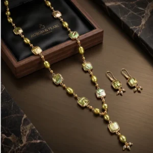 Premium Golden Olive Pearl & Mother of Pearl Long Mala Set – Approx. 34-Inch Long Mala with Matching Earrings