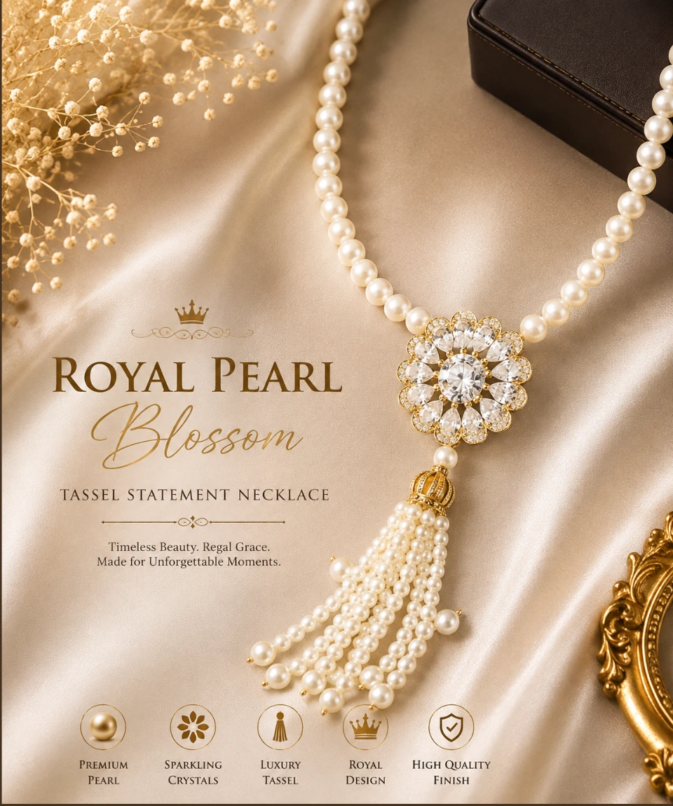 Royal Pearl Blossom Tassel Statement Necklace - Image 3