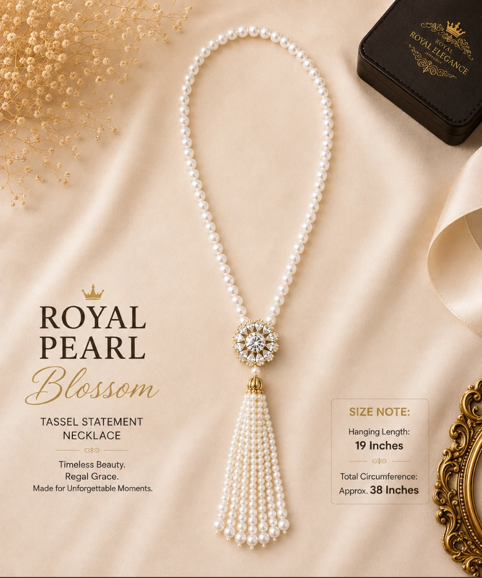 Royal Pearl Blossom Tassel Statement Necklace - Image 4