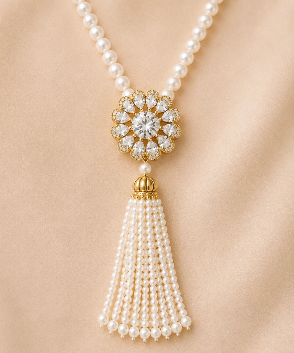 Royal Pearl Blossom Tassel Statement Necklace