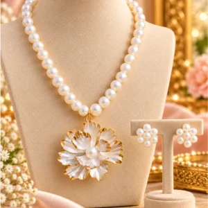 Premium Freshwater Pearl Floral Pendant Necklace Set with Matching Pearl Cluster Earrings