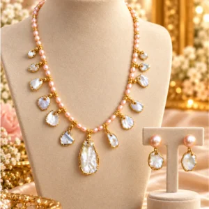 Real Rice Pearl & Mother-of-Pearl Charm Necklace Set with Matching Earrings