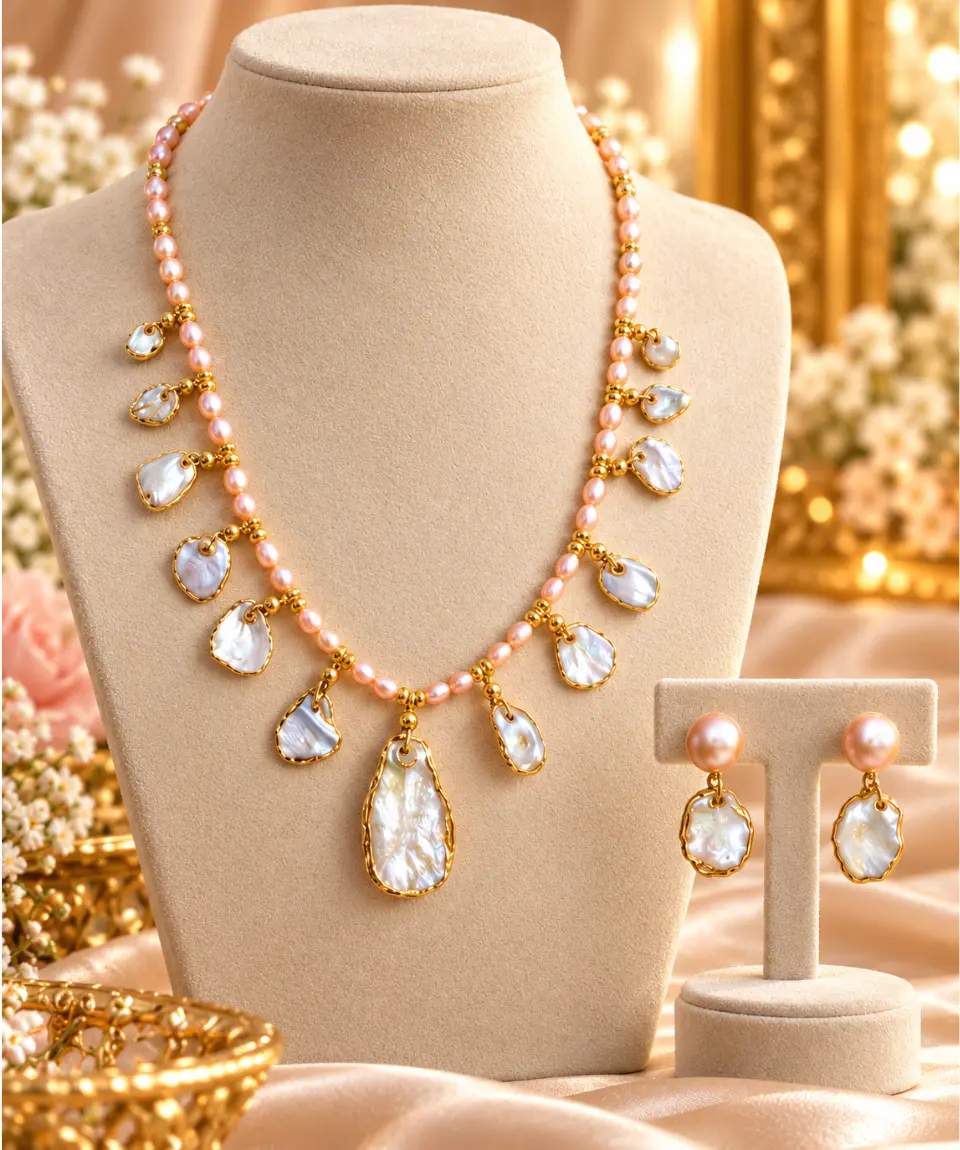 Real Rice Pearl & Mother-of-Pearl Charm Necklace Set with Matching Earrings