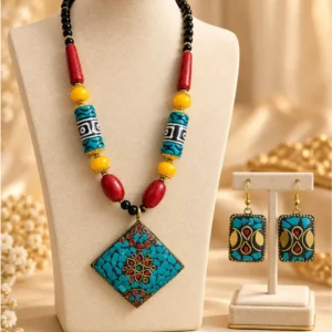 Imported Jaipur, India – Royal Bohemian Turquoise Mosaic Necklace Set with Matching Earrings