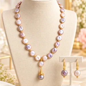 Premium Real Freshwater Coin Pearl Gold-Tone Necklace Set