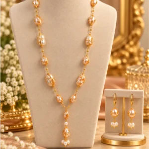 Imported Royal Pearl Gold-Plated Tone Long Necklace Set – Premium Freshwater Pearl