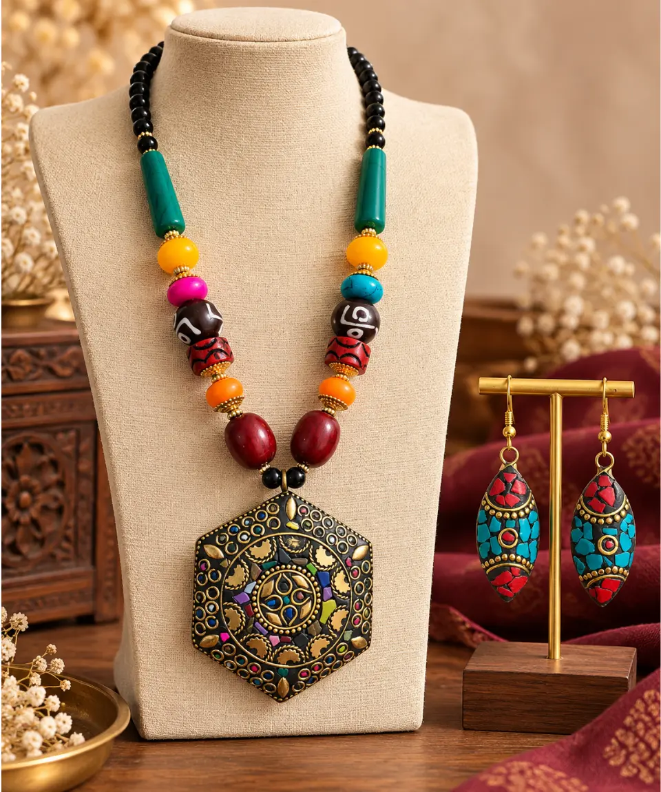 Jaipur Handmade Multicolor Statement Necklace & Matching Earrings Set