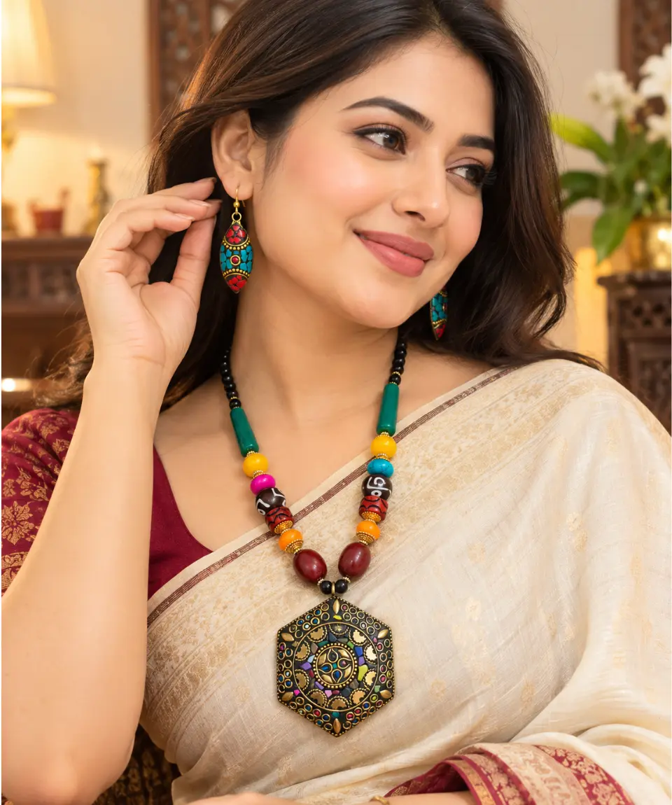 Jaipur Handmade Multicolor Statement Necklace & Matching Earrings Set - Image 2