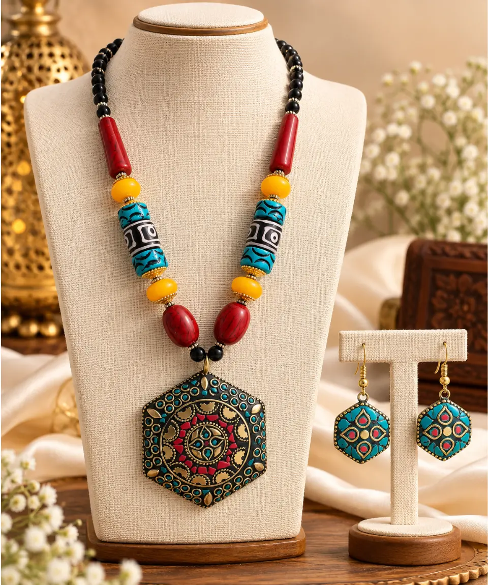 Jaipur India Imported Royal Tribal Beaded Statement Necklace & Earring Set