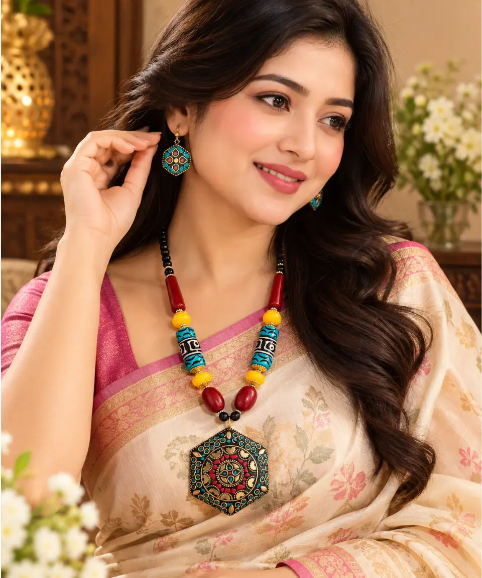 Jaipur India Imported Royal Tribal Beaded Statement Necklace & Earring Set - Image 2
