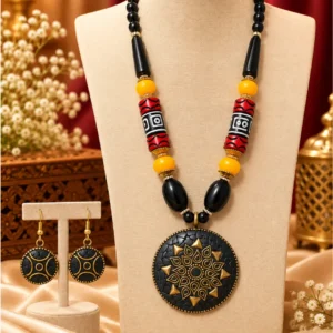 Jaipur Tribal Art Statement Necklace Set with Matching Earrings – Black & Gold Edition