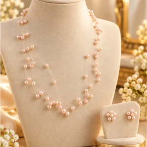 Premium Peach Pearl Layered Necklace & Matching Earrings Set